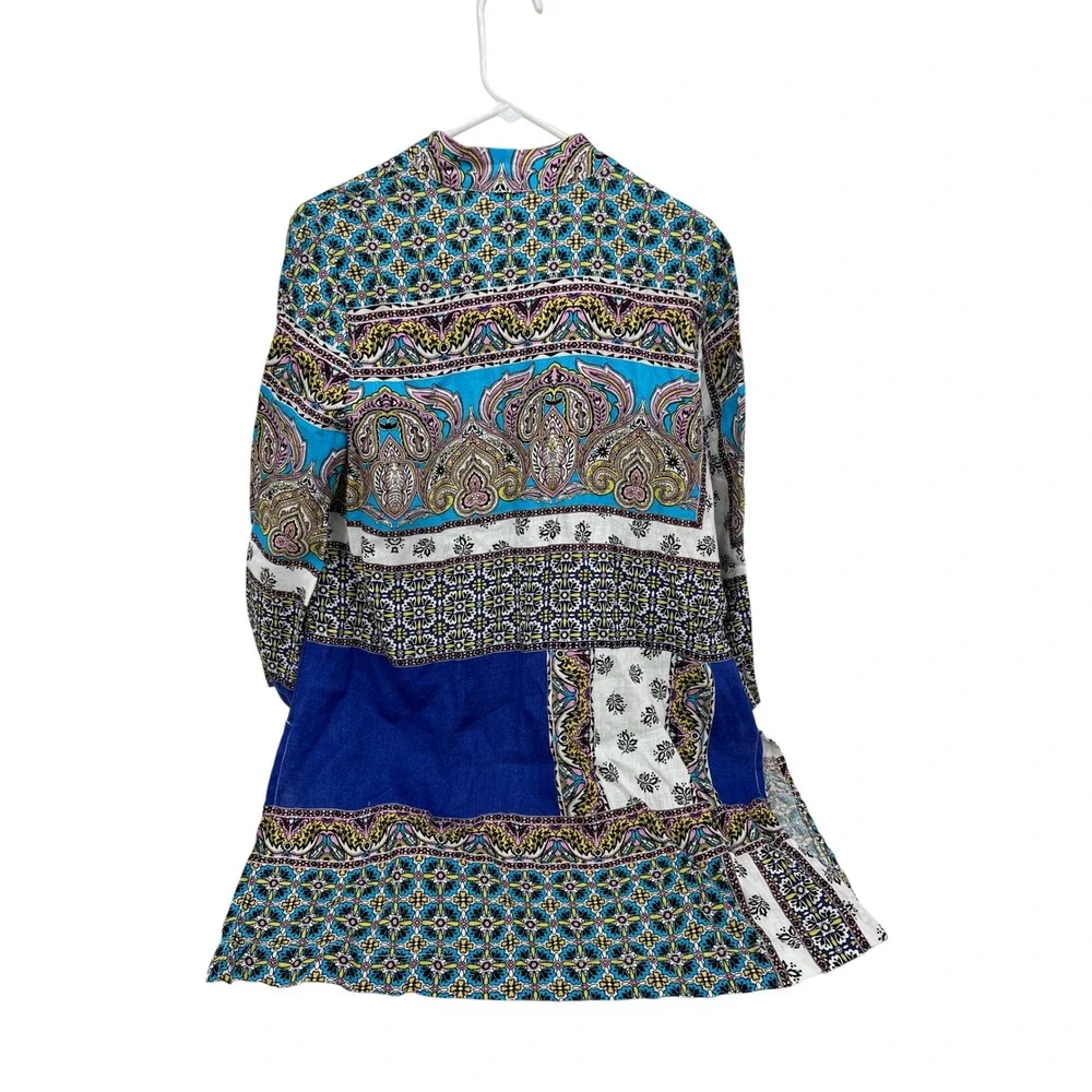Chicos 100% Linen Paisley Patchwork Open Front Cardigan‎ Blue Size 1 US 8/10
